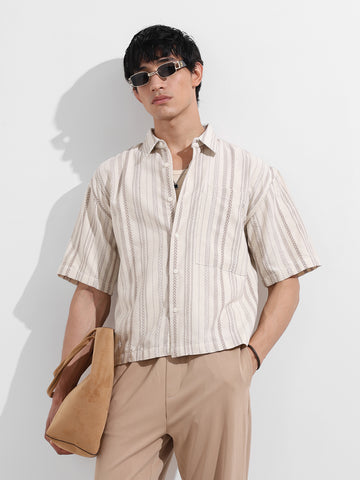 Men's Beige Boxy Fit Resort Wear Shirt