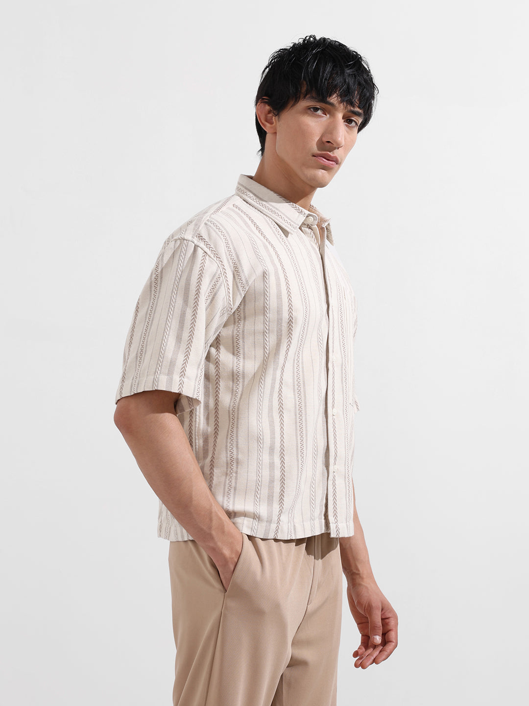 Men's Beige Boxy Fit Resort Wear Shirt