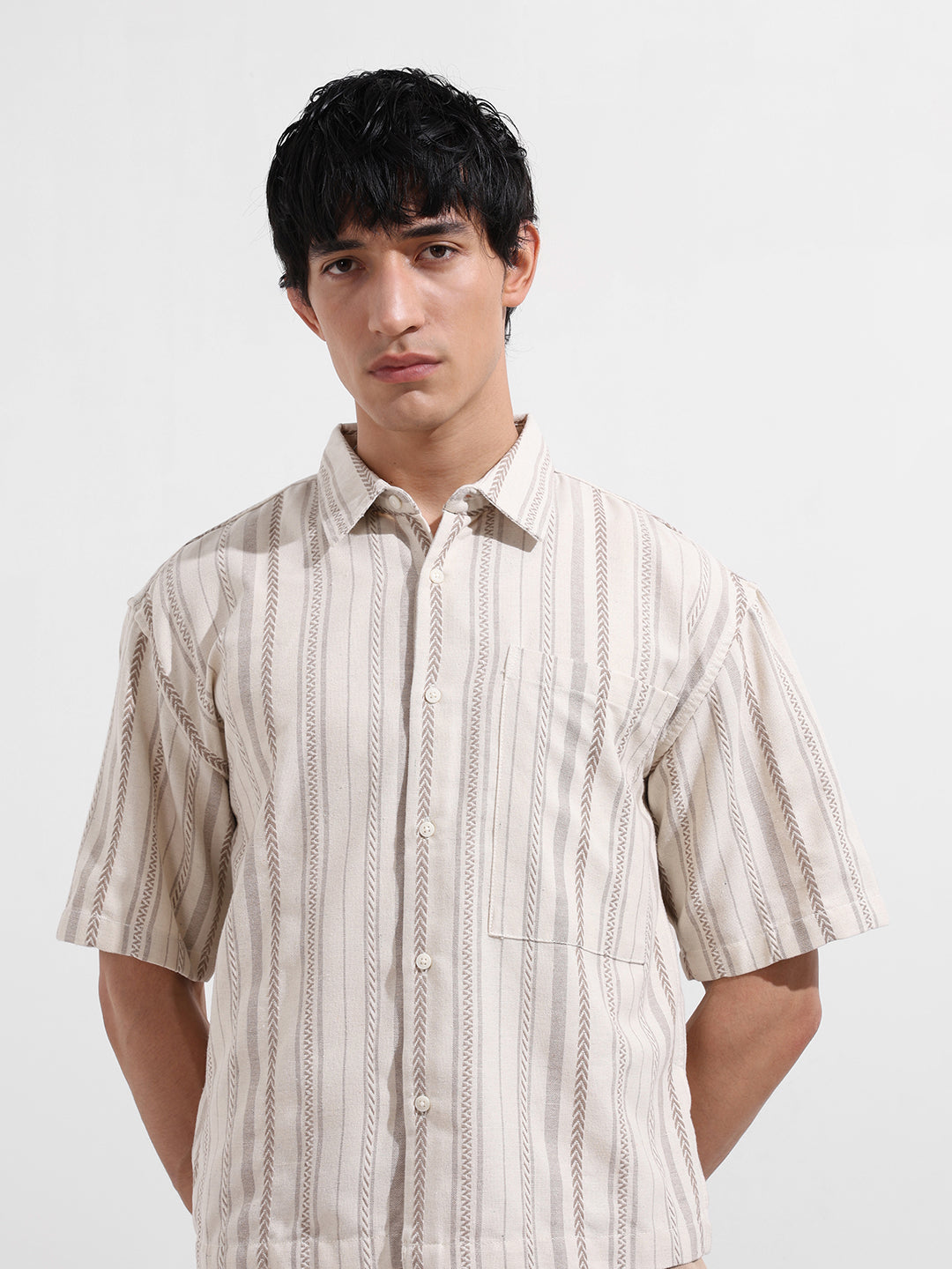 Men's Beige Boxy Fit Resort Wear Shirt