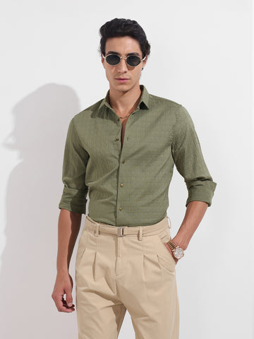 Men's Green Regular Fit Textured Party Wear Shirt