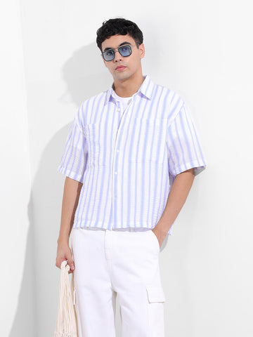 Men's Blue Boxy Fit Striped Resort Shirt
