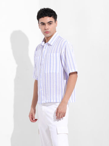 Men's Blue Boxy Fit Striped Resort Shirt