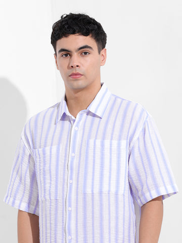 Men's Blue Boxy Fit Striped Resort Shirt