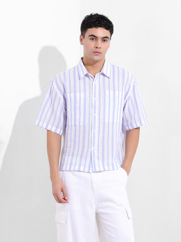 Men's Blue Boxy Fit Striped Resort Shirt