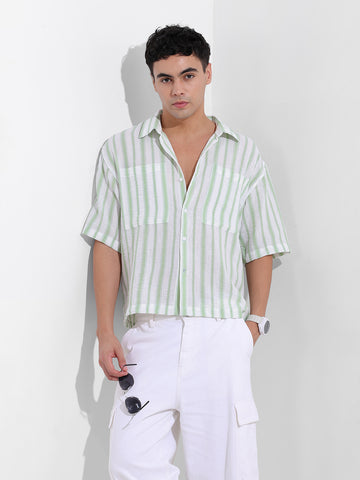Men's Opaline Green Boxy Fit Striped Resort Shirt