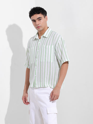 Men's Opaline Green Boxy Fit Striped Resort Shirt
