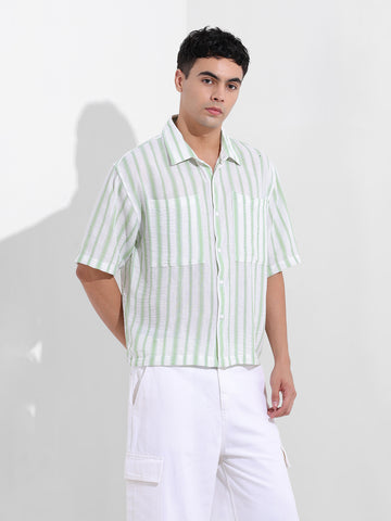 Men's Opaline Green Boxy Fit Striped Resort Shirt