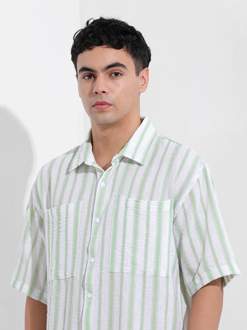 Men's Opaline Green Boxy Fit Striped Resort Shirt