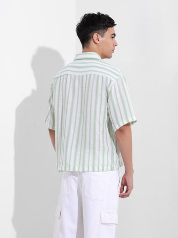 Men's Opaline Green Boxy Fit Striped Resort Shirt