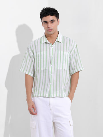 Men's Opaline Green Boxy Fit Striped Resort Shirt