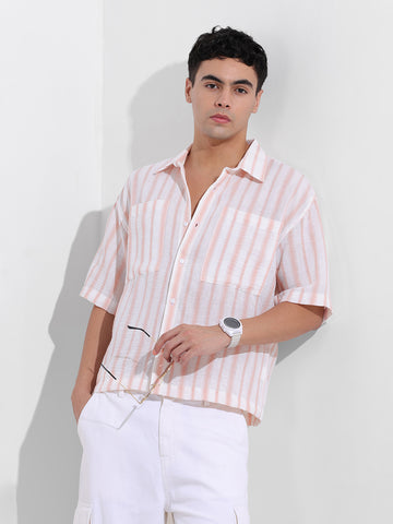 Men's Baby Pink Boxy Fit Striped Resort Shirt
