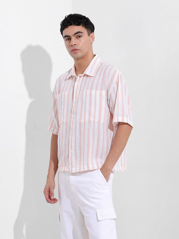 Men's Baby Pink Boxy Fit Striped Resort Shirt