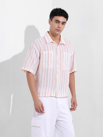 Men's Baby Pink Boxy Fit Striped Resort Shirt