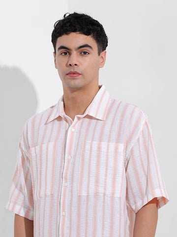 Men's Baby Pink Boxy Fit Striped Resort Shirt