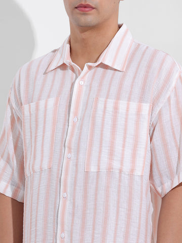 Men's Baby Pink Boxy Fit Striped Resort Shirt