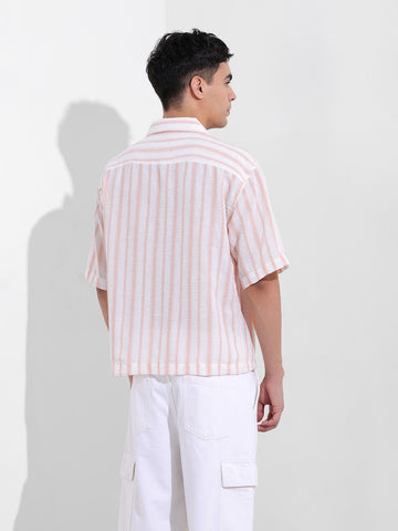 Men's Baby Pink Boxy Fit Striped Resort Shirt