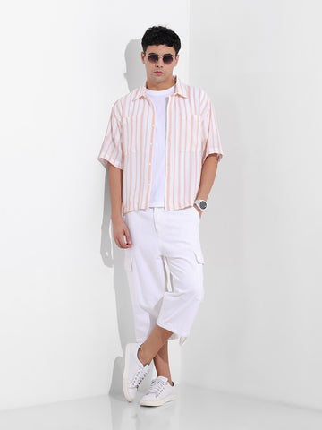 Men's Baby Pink Boxy Fit Striped Resort Shirt