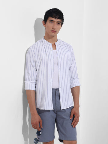 Men's Sky Blue Regular Fit Striped Casual Shirt