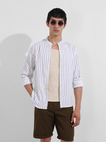 Men's Olive Regular Fit Striped Casual Shirt