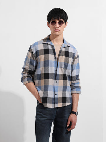 Men's Khaki Relaxed Fit Casual Checkered Shirt