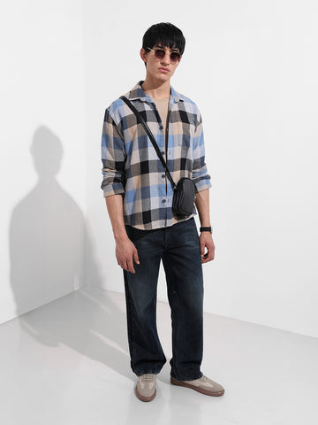Men's Khaki Relaxed Fit Casual Checkered Shirt