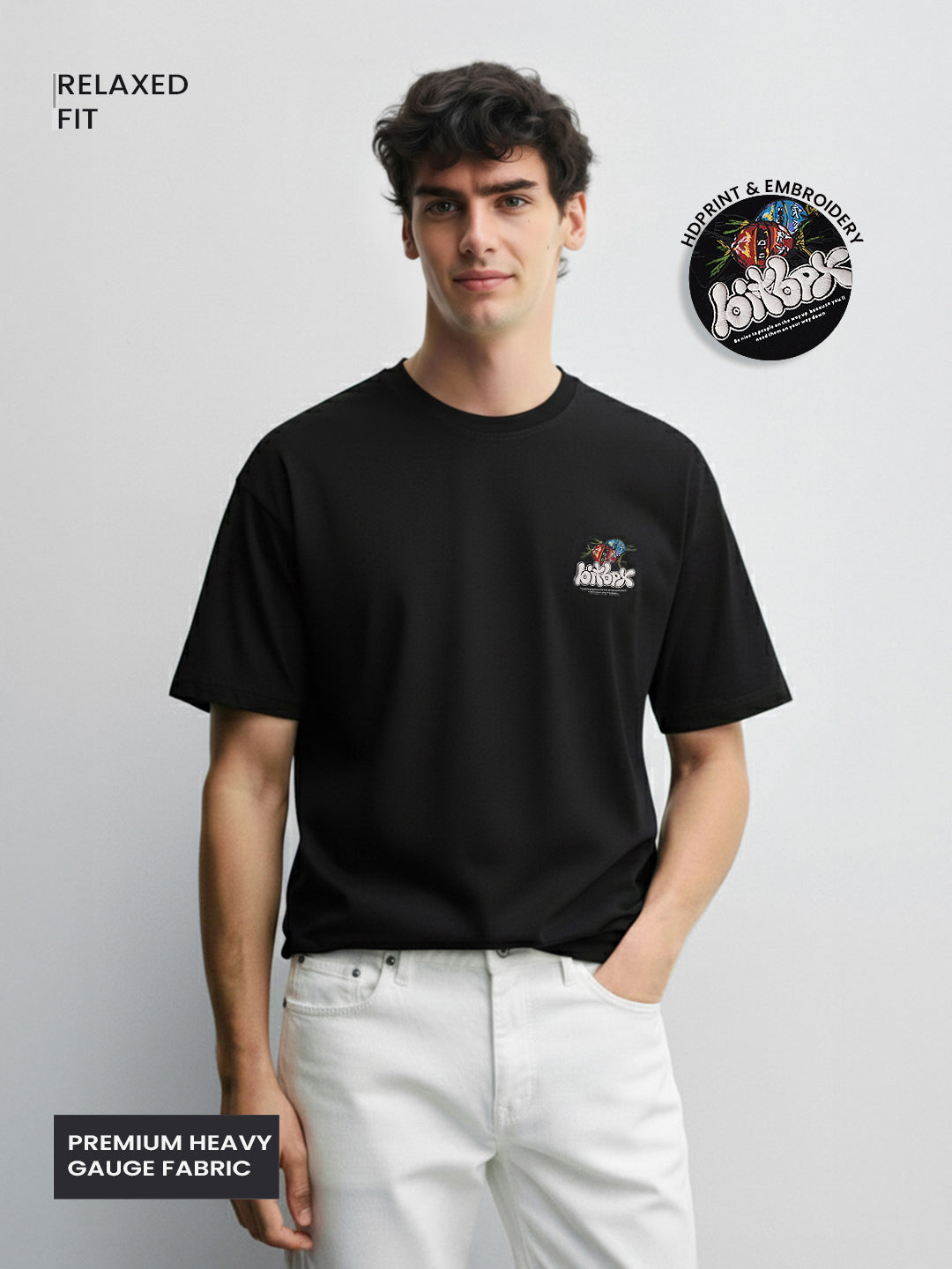 Men's Black Relaxed Fit Embroided 240 GSM Casual T-Shirt