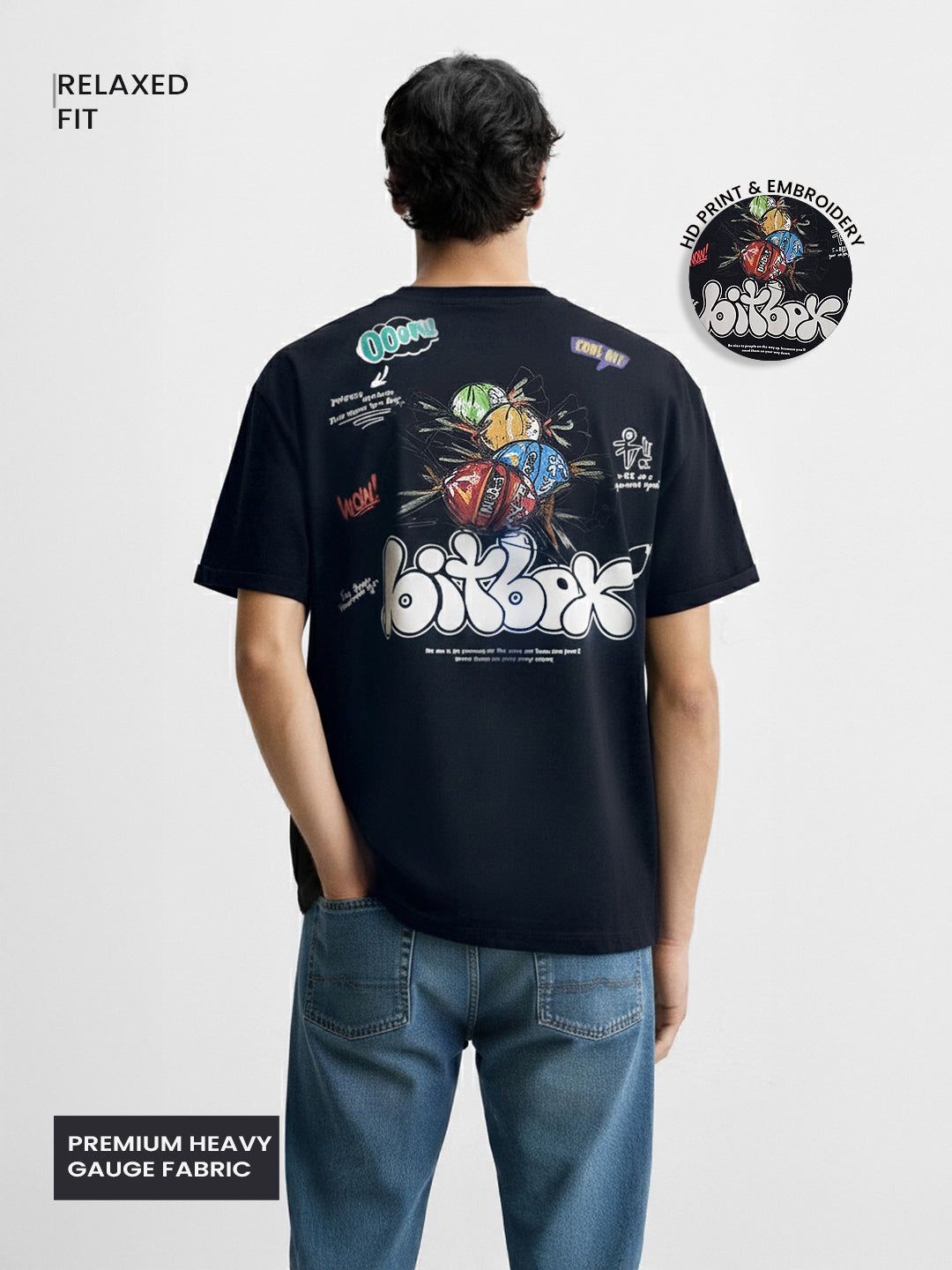 Men's Blue Relaxed Fit Embroided 240 GSM Casual T-Shirt