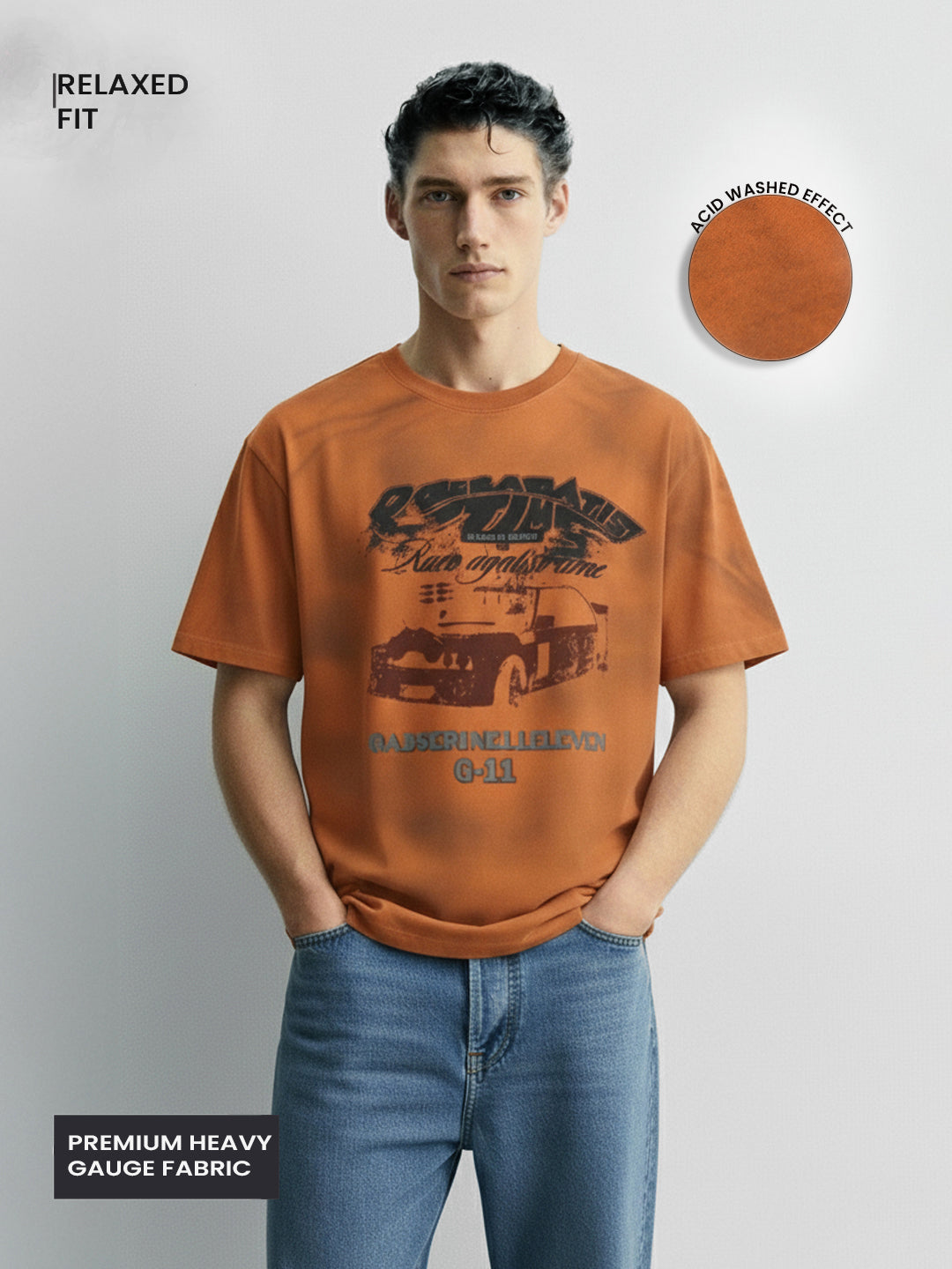 Men's Orange Relaxed Fit Graphic Printed 240 GSM Casual T-Shirt
