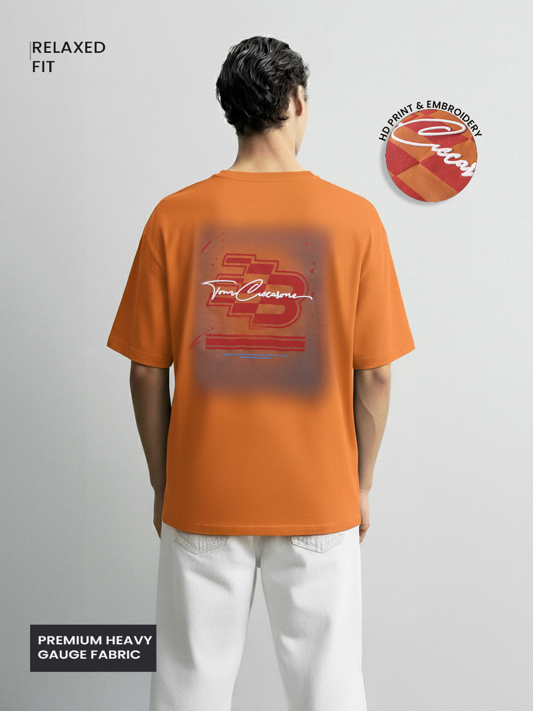 Men's Orange Relaxed Fit Embroided 240 GSM Casual T-Shirt