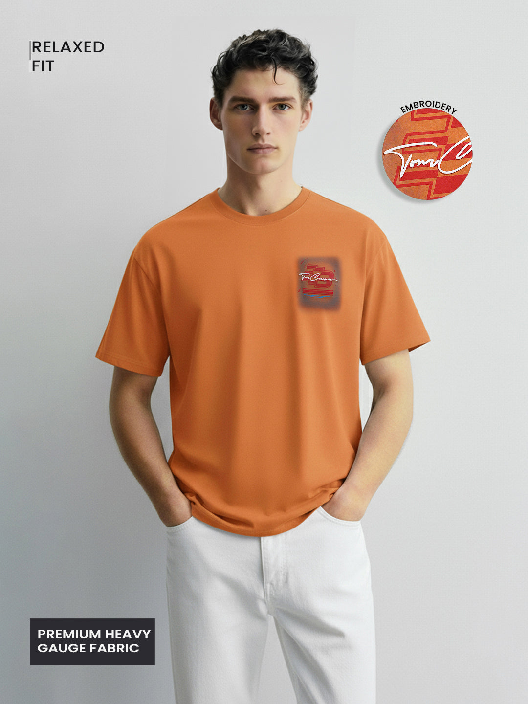 Men's Orange Relaxed Fit Embroided 240 GSM Casual T-Shirt