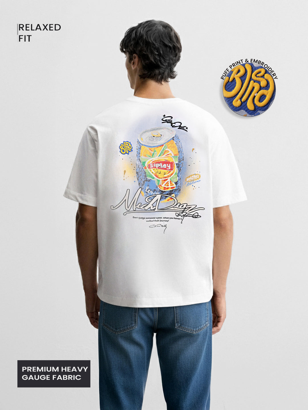 Men's White Relaxed Fit Embroided 240 GSM Casual T-Shirt