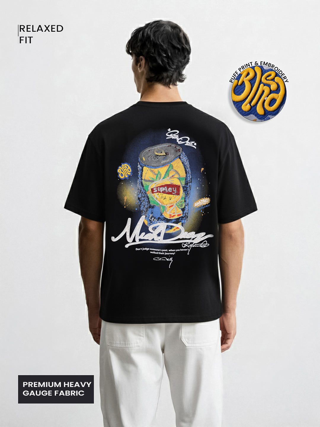 Men's Black Relaxed Fit Embroided 240 GSM Casual T-Shirt