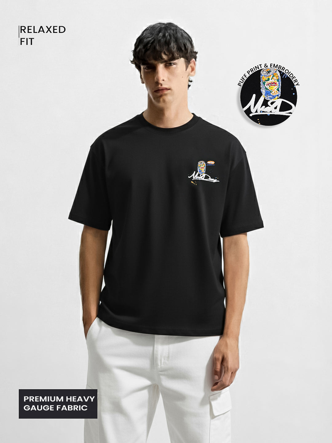 Men's Black Relaxed Fit Embroided 240 GSM Casual T-Shirt