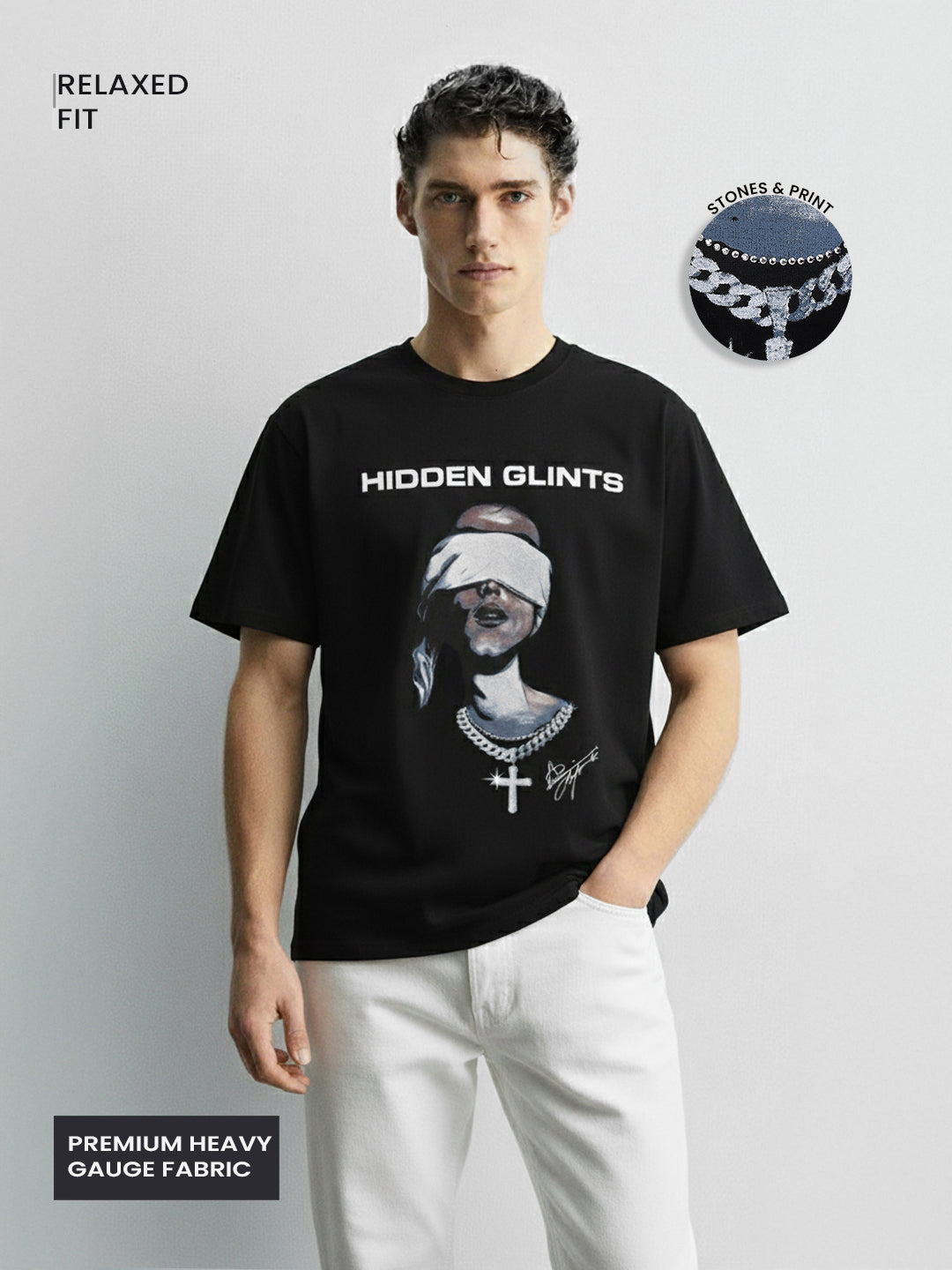 Men's Black Relaxed Fit Graphic Printed 240 GSM Casual T-Shirt