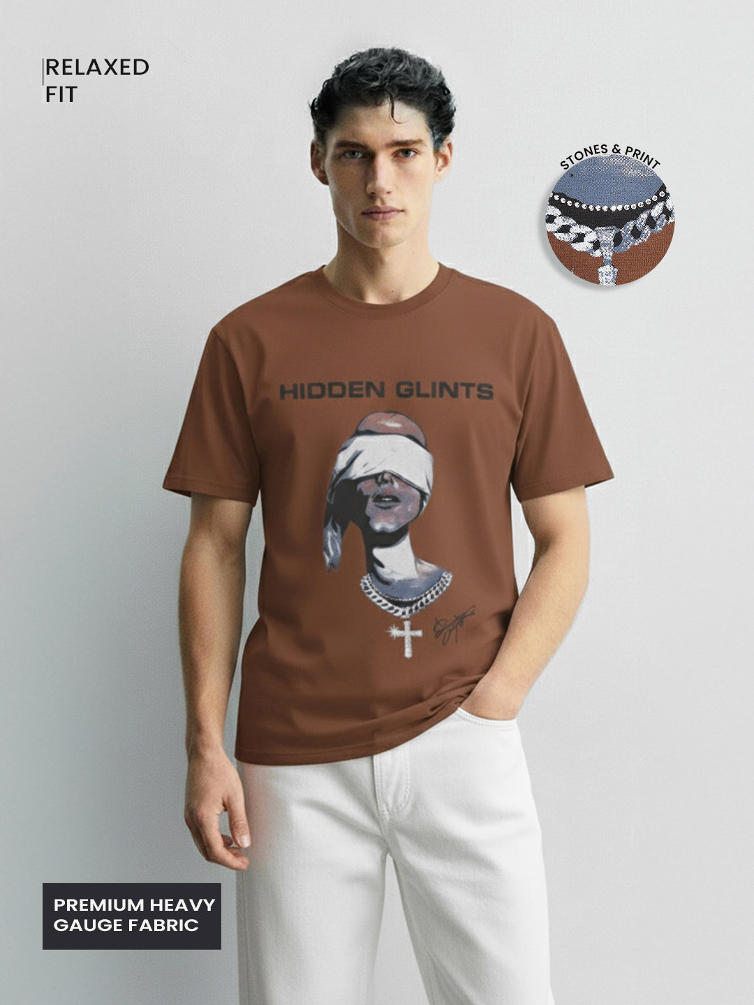 Men's Brown Relaxed Fit Graphic Printed 240 GSM Casual T-Shirt