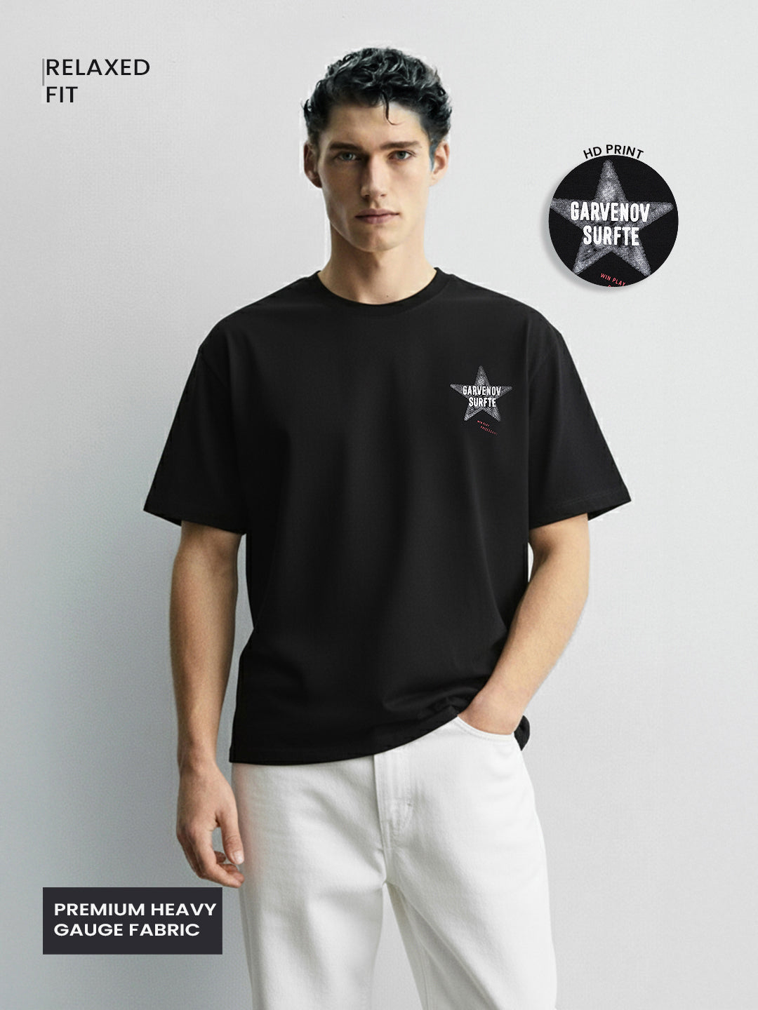 Men's Black Relaxed Fit Graphic Printed 240 GSM Casual T-Shirt