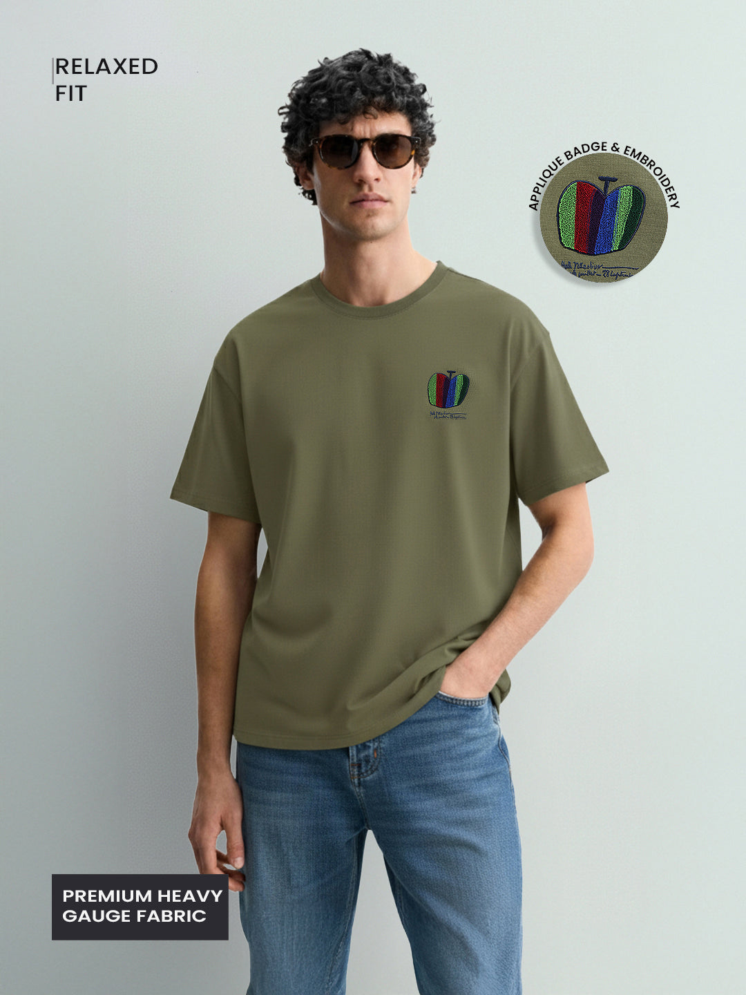 Men's Green Relaxed Fit Embroided 240 GSM Casual T-Shirt