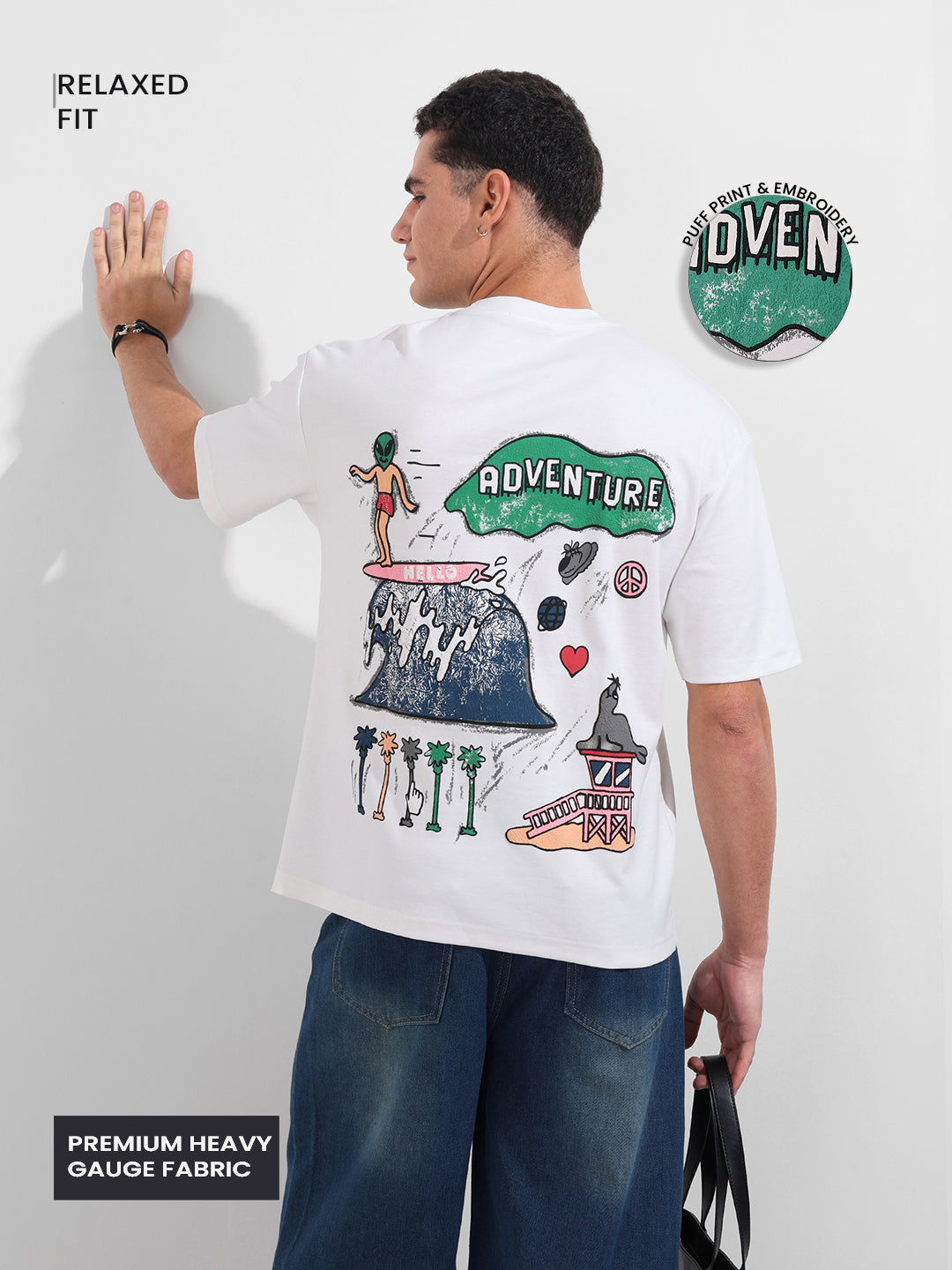 Men's White Relaxed Fit Embroided 240 GSM Casual T-Shirt