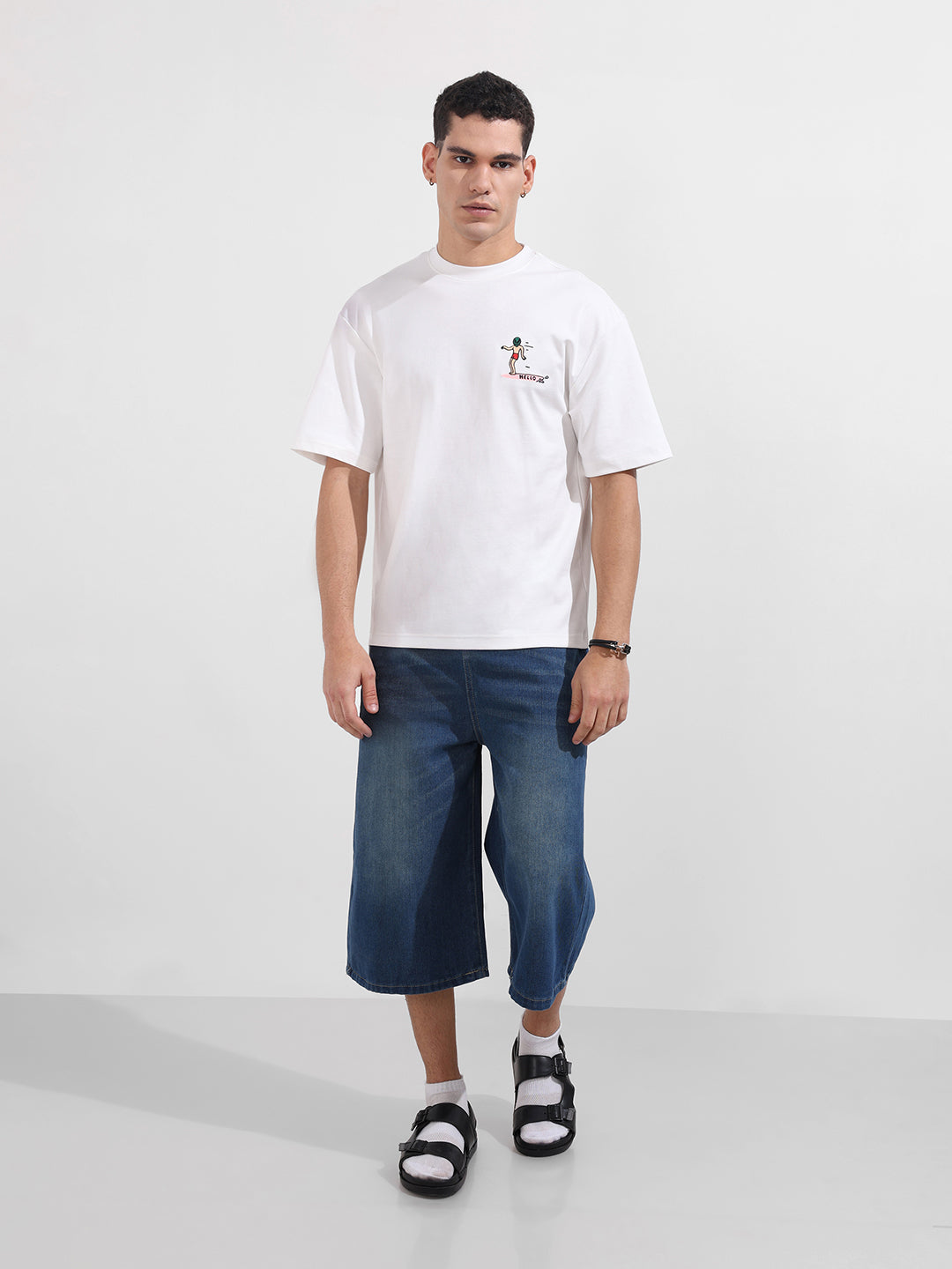 Men's White Relaxed Fit Embroided 240 GSM Casual T-Shirt