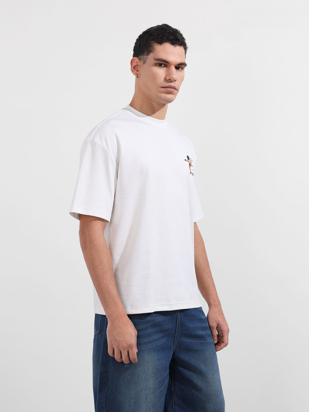 Men's White Relaxed Fit Embroided 240 GSM Casual T-Shirt