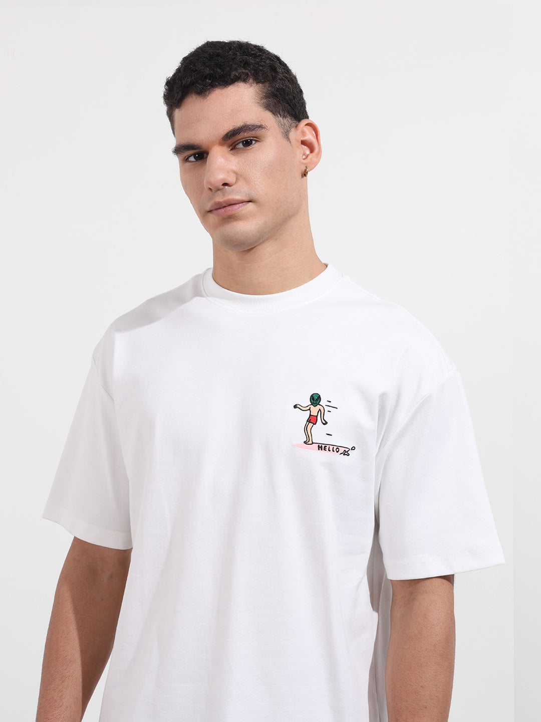 Men's White Relaxed Fit Embroided 240 GSM Casual T-Shirt