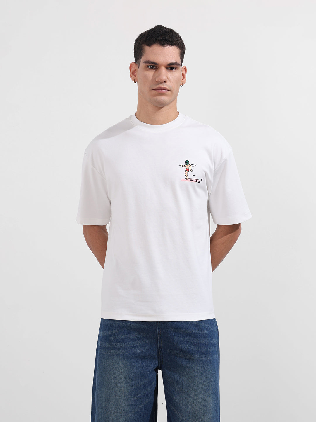 Men's White Relaxed Fit Embroided 240 GSM Casual T-Shirt