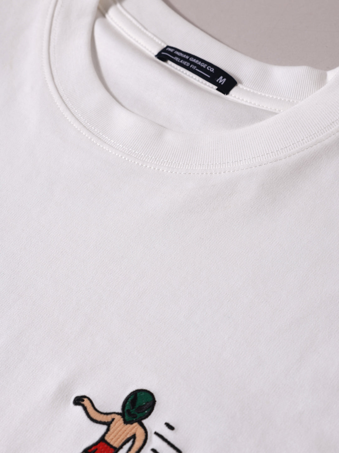 Men's White Relaxed Fit Embroided 240 GSM Casual T-Shirt