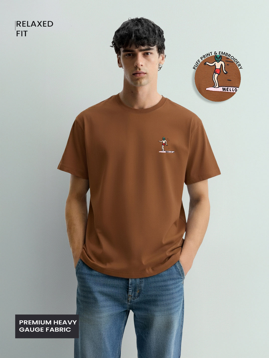 Men's Brown Relaxed Fit Embroided 240 GSM Casual T-Shirt