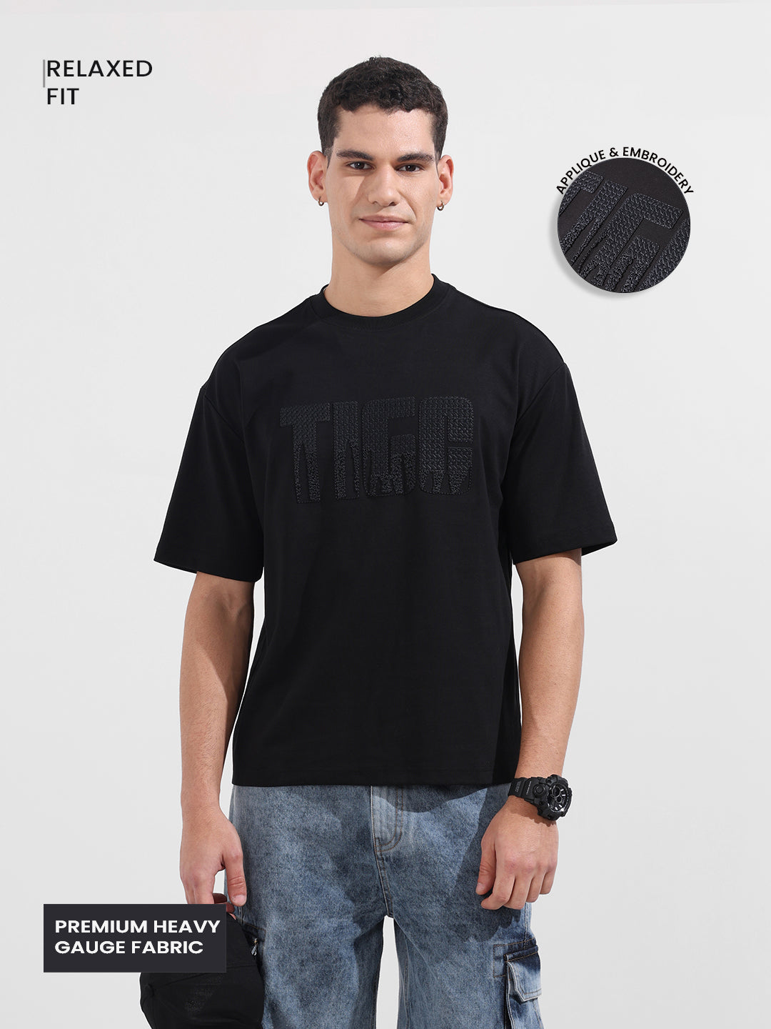 Men's Black Relaxed Fit Embroided 240 GSM Casual T-Shirt