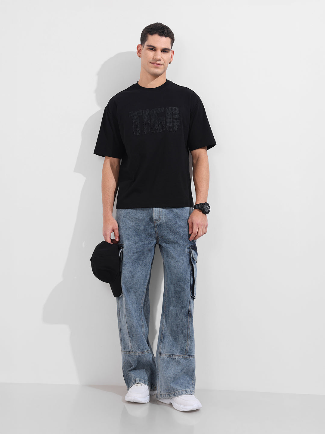 Men's Black Relaxed Fit Embroided 240 GSM Casual T-Shirt