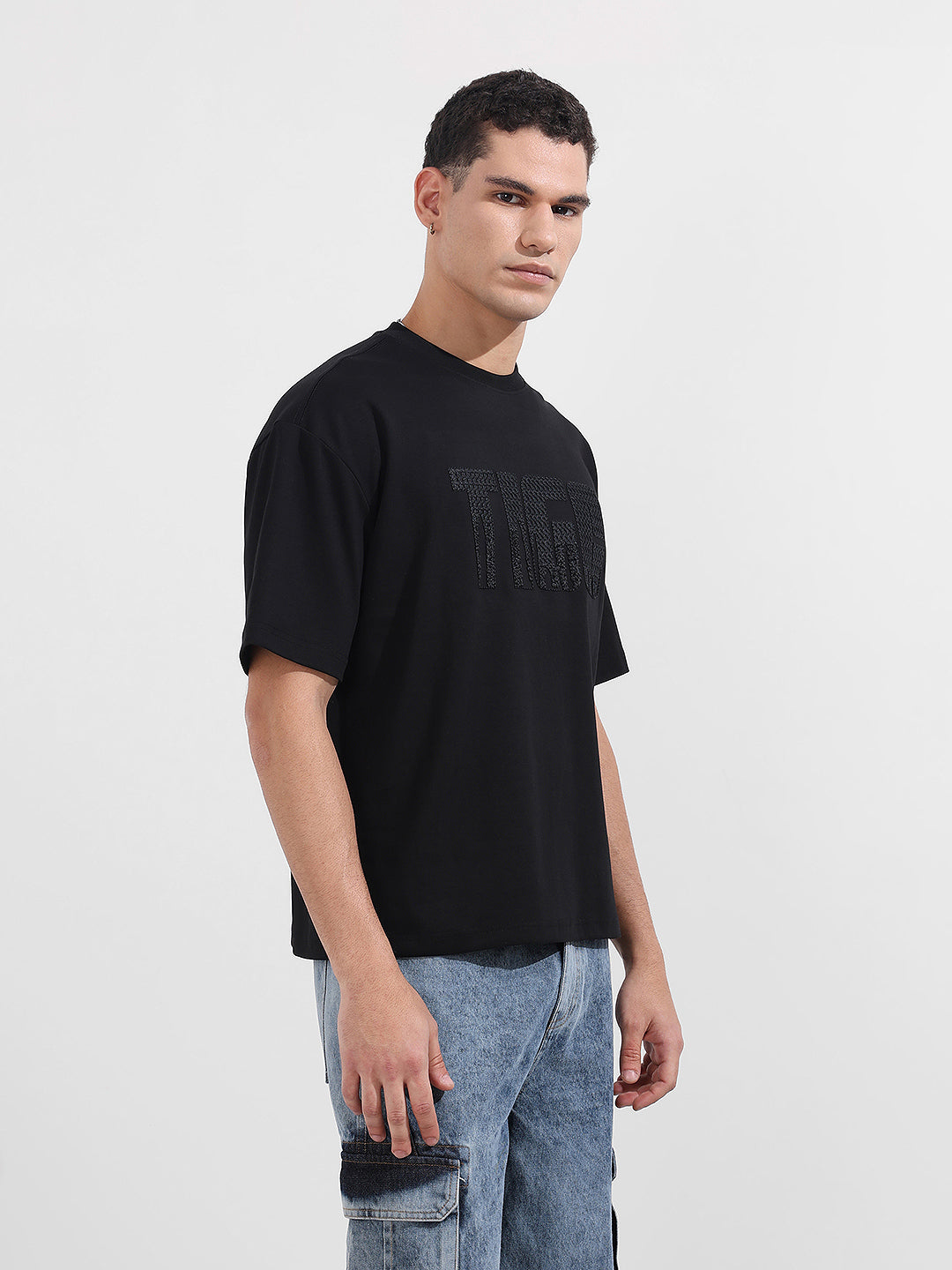 Men's Black Relaxed Fit Embroided 240 GSM Casual T-Shirt