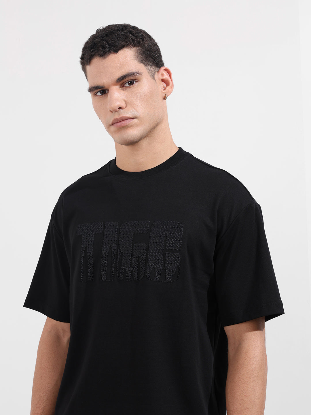 Men's Black Relaxed Fit Embroided 240 GSM Casual T-Shirt