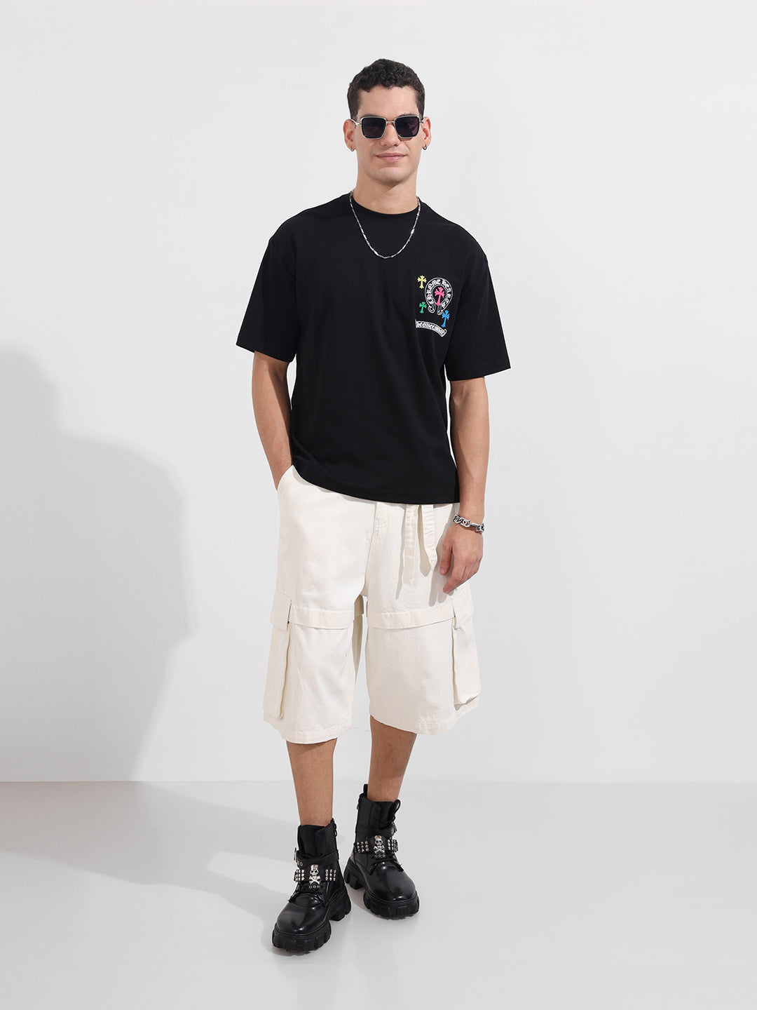 Men's Black Relaxed Fit Embroided 240 GSM Casual T-Shirt