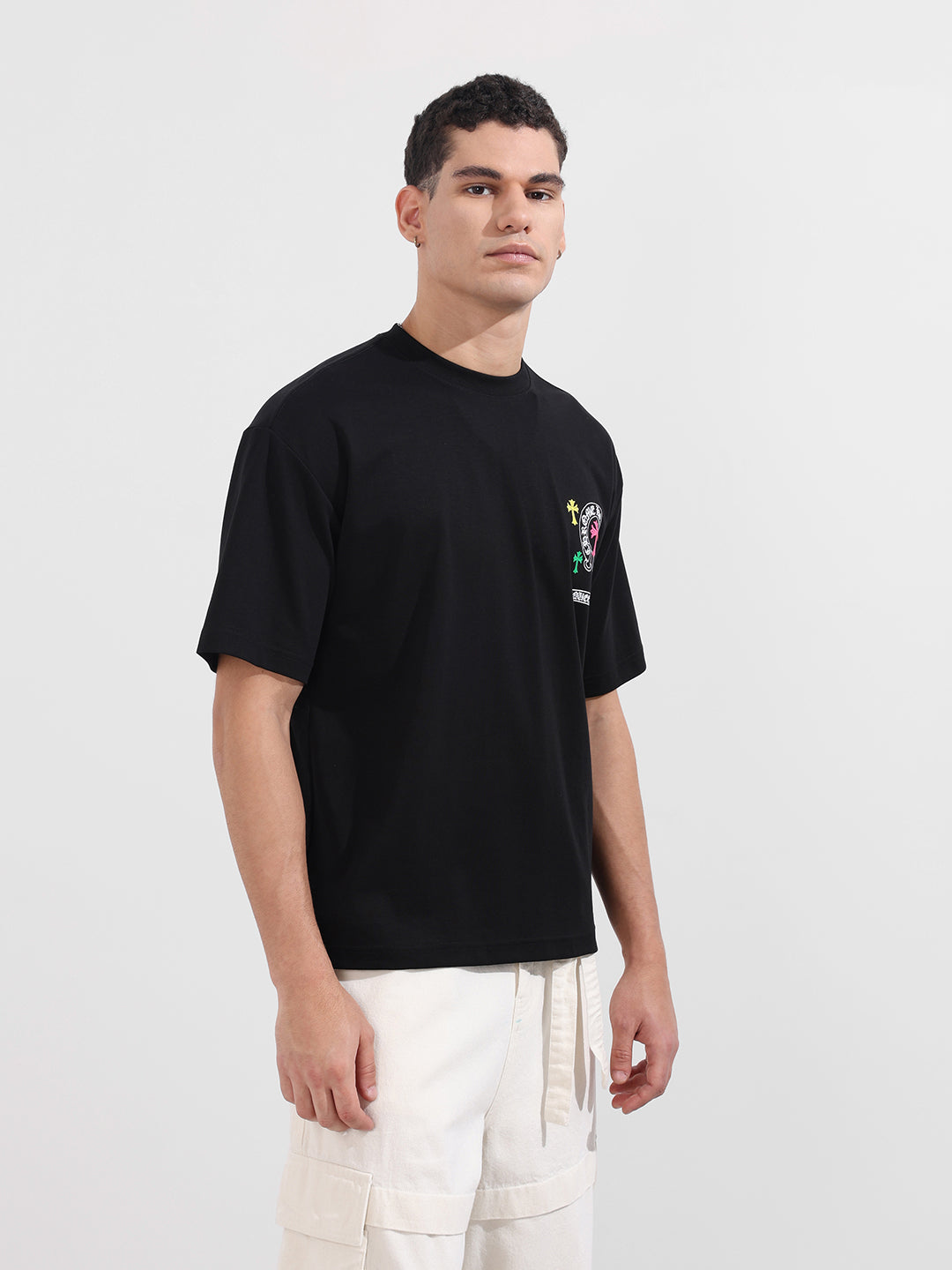 Men's Black Relaxed Fit Embroided 240 GSM Casual T-Shirt
